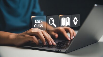 Person using a laptop with glowing user guide and search icons