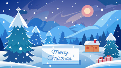 Charming winter landscape with snow covered trees and a cozy cabin celebrating christmas