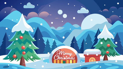 Charming winter wonderland scene with decorated christmas trees and festive building