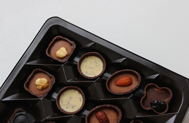 Expensive dark and milk chocolates collection with different fillings and nuts in a plastic tray isolated on white