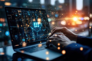Obraz premium A person is typing on a laptop with a city view on the screen. Man's hands typing on a laptop with AI themed hologram graphics on a city background.