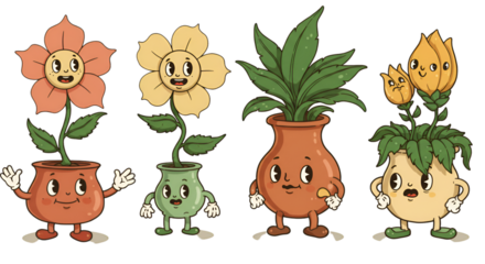 Illustration of Retro Cartoon Flowers with Faces on Transparent Background