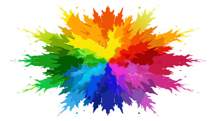 Vibrant rainbow color splash explosion with paint splatters on white background