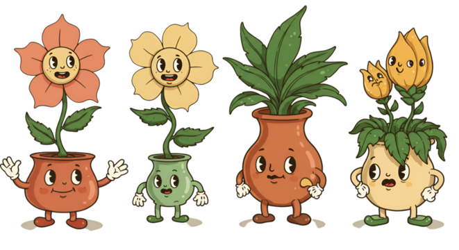 Illustration of Retro Cartoon Flowers with Faces on Transparent Background
