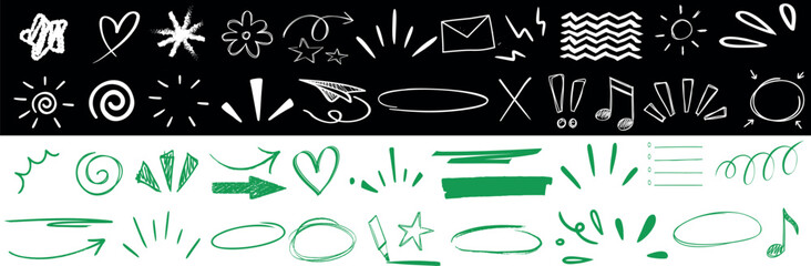 doodle sketch icon set including arrows, hearts, stars, music notes, highlights, and swirls. Perfect for presentations, design elements, social media, and educational vector graphics