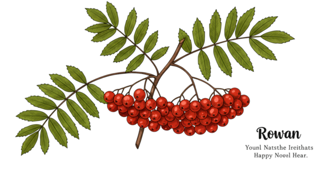 Illustration of Rowan Branch with Red Berries and Green Leaves on Transparent Background