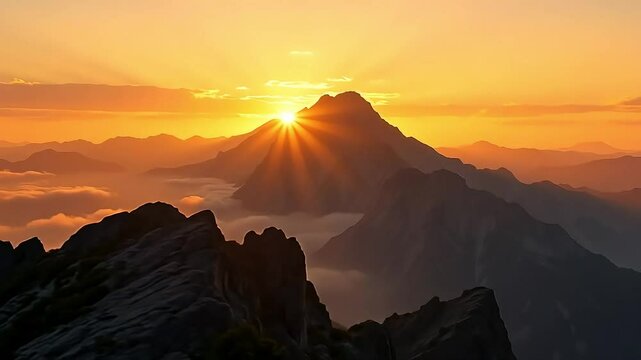 Golden sunrise over mountain peaks creates a serene landscape, with sun rays piercing through clouds, highlighting the majestic mountain range and the beauty of nature at dawn.
