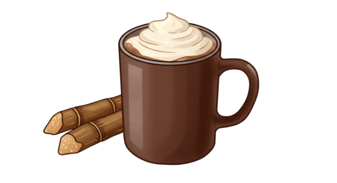Illustration of Mug of Sweet Coffee with Cream and Sugar Canes