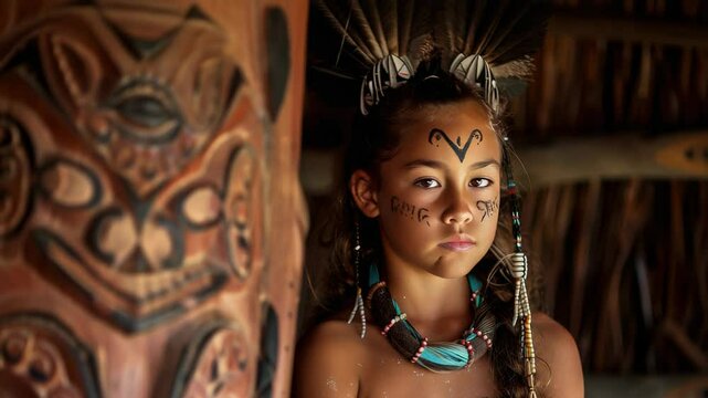 Young girl in traditional tribal attire with indigenous face paint and accessories