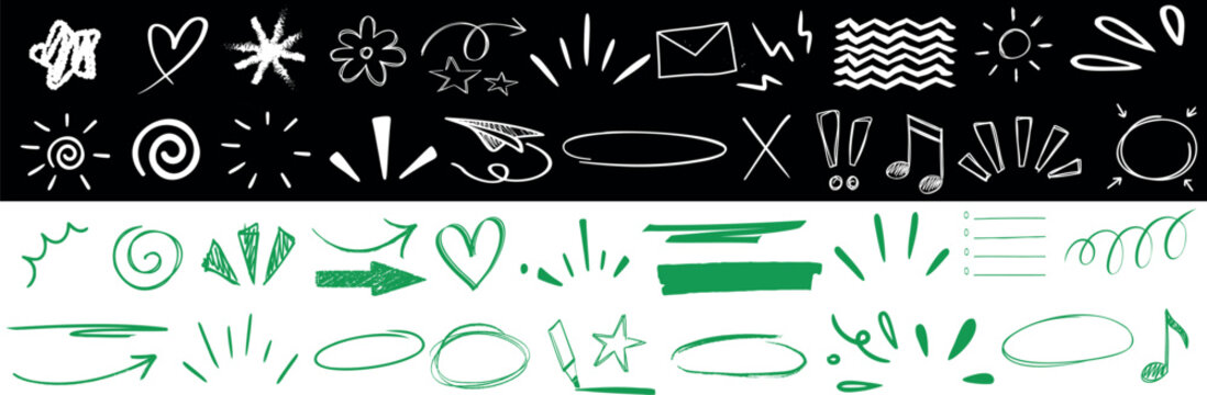 doodle sketch icon set including arrows, hearts, stars, music notes, highlights, and swirls. Perfect for presentations, design elements, social media, and educational vector graphics