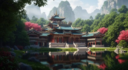 Serene Ancient Asian Temple Amidst Lush Greenery and Pink Blossoms