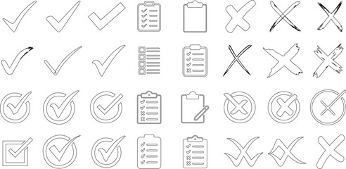 Checklist icons, tick marks, and cross symbols in outline style ideal for user interface design, icon set for tasks, validation, forms, and decision based web applications