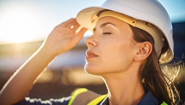 Una persona obrera con casco de obra al aire libre expuesto al calor y altas temperaturas en verano