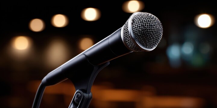 Dramatic Stage with Spotlight Illuminating a Vintage Microphone Creating an Intimate Atmosphere for Live Performances and Musical Expressions of Artistry