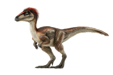 Feathered dinosaur with reddish crest.