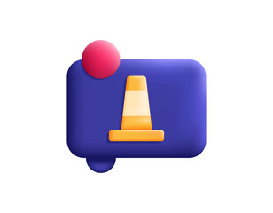 Illustration of a traffic cone with a chat symbol. Concept of a repair or maintenance notification message. System repair. Minimalist 3D style design. Icon or symbol. Element asset. White background