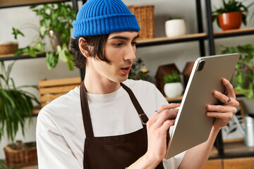 Young man focused on planting after checking digital gardening guide in modern studio