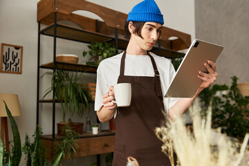 Engaged young man caring for plants in a well designed indoor garden during a sunny afternoon