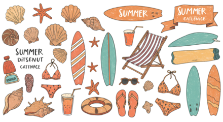 Illustration of Summer Sea Beach Vacation Icons Objects in Black Background