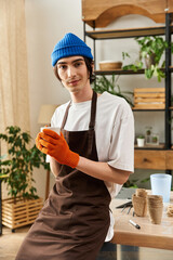 Handsome young man caring for plants in a bright studio environment