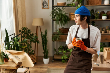 Handsome young man enjoys his time transplanting plants in a cozy studio filled with greenery