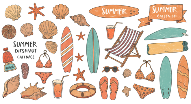 Illustration of Summer Sea Beach Vacation Icons Objects in Black Background