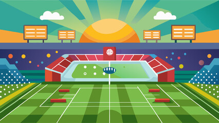 Vibrant stadium with a rugby ball and goalposts under a colorful sunrise sky