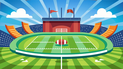 Vibrant american football stadium with field and spectator stands under blue sky