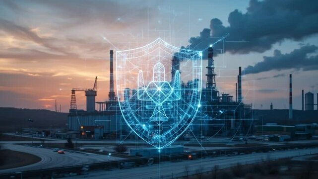 The shields surrounding industrial facilities symbolize the protection of critical infrastructure. 4k video