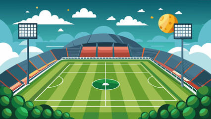 Vibrant illustration of a soccer stadium at dusk with a full moon
