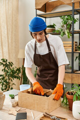 Handsome young man engaging in plant transplanting within a vibrant studio environment