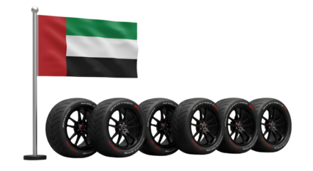 Illustration of UAE Flag and Wheel Set with Black Rim on Transparent Background