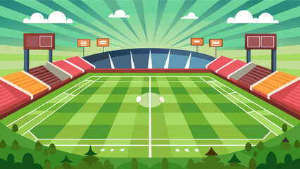 Vibrant cartoon stadium with green field and cheering crowd on a sunny day