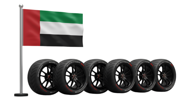 Illustration of UAE Flag and Wheel Set with Black Rim on Transparent Background