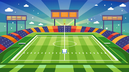 Vibrant sports stadium with green field and colorful spectator seating under a starry sky