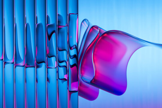 Abstract 3D glass design with pink and blue fluted ribbons and reflections