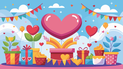 Celebration of love with heart balloons gifts and cupcakes under a blue sky