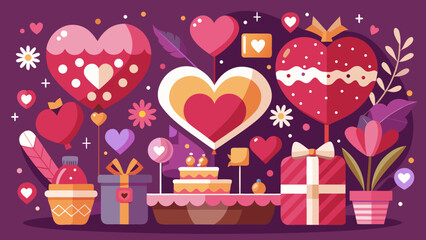 Celebration with heart shaped balloons cake gifts and flowers