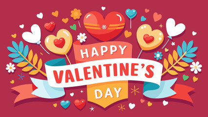 Happy valentines day greeting with hearts balloons and festive decorations
