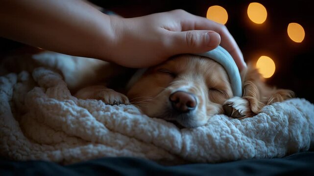 Cute dog sleeping under blanket with owner's hand petting gently &mdash; heartwarming cinematic pet video in cozy warm tones with copy space on the left for pet care, wellness, and bedtime content