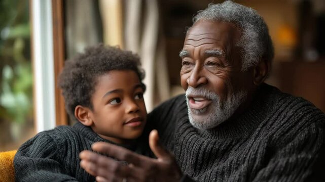 Elderly Black man teaching financial literacy to young grandson indoors &mdash; cinematic family education video in warm tones with copy space on the right for parenting, mentoring, and financial awareness 