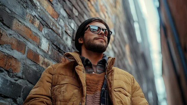 A man wearing a brown jacket and a hat. He is looking up at the sky. The jacket is brown and has a plaid pattern