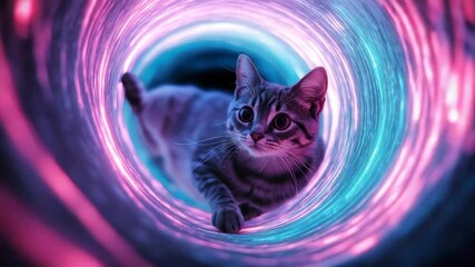 Tabby cat walking through glowing neon tunnel in vibrant purple and blue tones — surreal animated video background with center copy space for futuristic pet content, social media edits, or playful 
