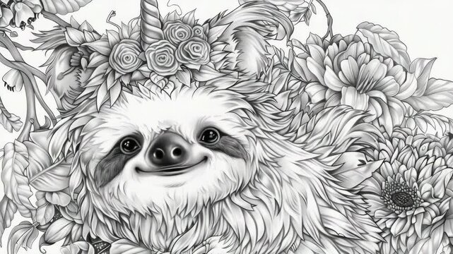 A sloth with a charming floral crown in its head, wearing flowers on its neck and body, surrounded by nature's bounty.