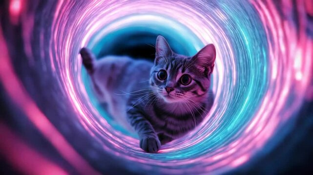 Tabby cat walking through glowing neon tunnel in vibrant purple and blue tones &mdash; surreal animated video background with center copy space for futuristic pet content, social media edits, or playful 