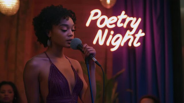 Young Black woman performing spoken word on stage at poetry night &mdash; expressive cinematic video in deep red and purple hues with copy space on the left for art, performance, and cultural content