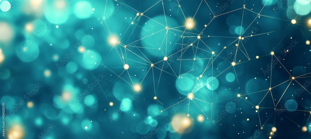 Poster golden dots and lines forming a modern data visualization background with turquoise bokeh effect