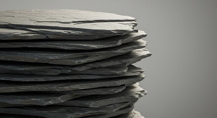 Stack of dark grey irregularly shaped natural slate tiles with rough edges against a plain grey background