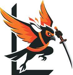 Cartoon bird ninja character with sword, orange accents, and a black letter "L" in the background.
