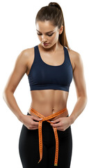 Image of Sporty Woman Measuring Waist with Tape Measure on Transparent